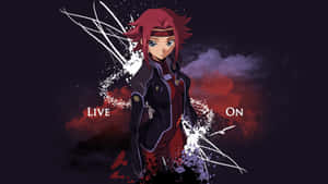 紅髮深色服裝的動漫女孩，站著帶有「Live On」文字和紅雲。 — 叛逆的魯路修 壁紙