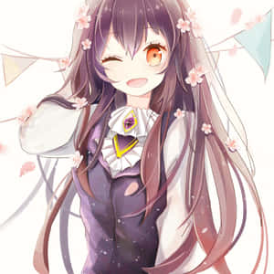 動漫女孩，紫色頭髮和櫻花，微笑著眨眼。 — 可愛動漫女仔 壁紙