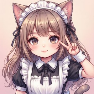 動漫女孩穿著女僕裝戴貓耳做出和平手勢