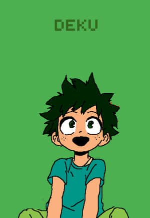 動畫角色 Deku 微笑，有著尖刺的綠色頭髮，背景為綠色。 — 反派出久 壁紙