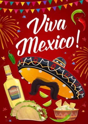 Viva Mexico 慶祝活動，包括墨西哥帽、龍舌蘭酒、墨西哥捲餅和煙花。 — 墨西哥國旗 壁紙