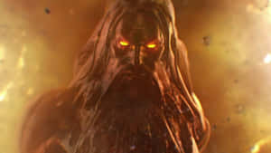 一位擁有發光眼睛和飄逸長髮的強大神祇，被火焰環繞。