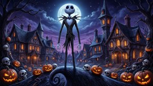 Jack Skellington 站在滿月下被南瓜和頭骨環繞的山丘上。