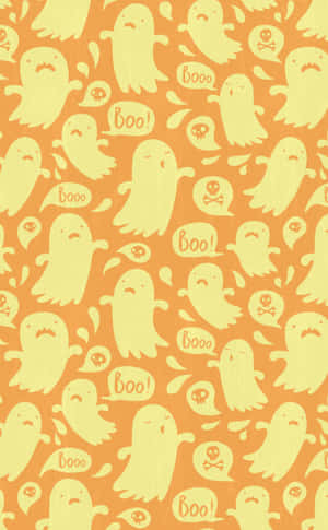 萬聖節壁紙，橙色背景上有可愛的鬼魂說 boo 和骷髏頭。 — 萬聖節美學 壁紙