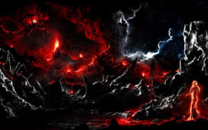一個發光的人形身影站在一個熾熱的外星行星上，火山爆發，雷電交加。