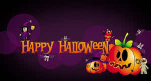 紫色背景上帶有卡通南瓜、女巫和蝙蝠的「Happy Halloween」祝福語。 — 萬聖節恐怖 壁紙