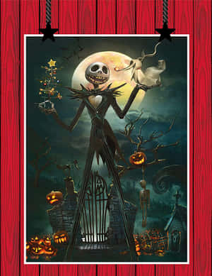Jack Skellington 喺滿月下拎住一個細小嘅聖誕樹同一隻鬼貓。