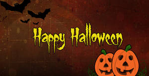在紋理深紅色背景上，帶有傑克南瓜燈和蝙蝠的 Happy Halloween 問候。
