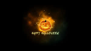 發光的傑克南瓜燈，帶有旋轉的光和「Happy Halloween」文字，在黑暗背景上。 — 萬聖節 壁紙