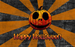 Happy Halloween 南瓜，在橙色和黑色陽光爆發背景上帶有滴落文字。