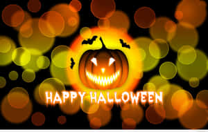 Happy Halloween 文字與發光南瓜和蝙蝠在散景背景上