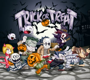 萬聖節卡通角色在蝙蝠飛舞的月光下帶著南瓜奔跑。