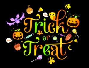 色彩繽紛的萬聖節 trick or treat 文字，帶有南瓜、蝙蝠和糖果，背景為黑色。