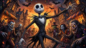 Jack Skellington 在萬聖節小鎮中與蝙蝠和飄落的五彩紙屑跳舞。