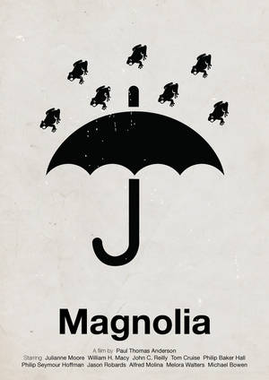 Magnolia 的黑白極簡電影海報，雨傘上有青蛙。