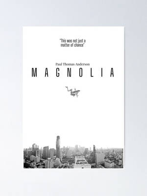 Magnolia 的黑白電影海報，包含城市景觀和引言。