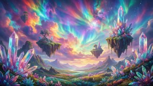 在色彩繽紛的極光天空下，帶有發光水晶的浮島。