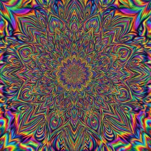 充滿活力的迷幻曼陀羅，帶有旋轉彩虹色和分形圖案。