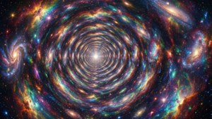 充滿活力的宇宙隧道，星系和星雲螺旋朝向明亮的中心。