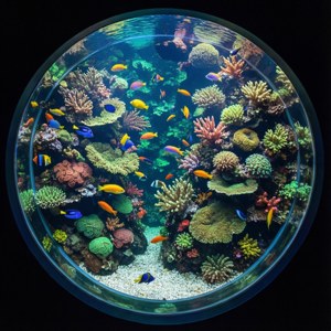 充滿色彩繽紛的魚類和珊瑚礁的圓形水族箱。 — Pixel Watch 壁紙