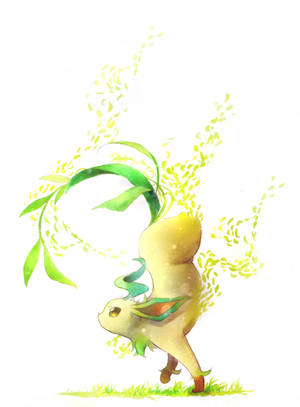 一個卡通生物，有綠色葉狀特徵和發光的黃色身體，站在草地上。