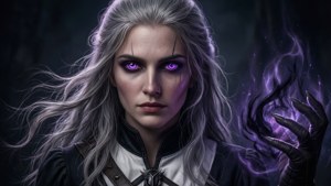 一位紫眼發光的女巫在森林中施展黑暗魔法。