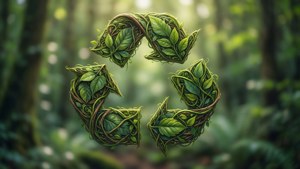 在森林中用樹葉和藤蔓製成的回收標誌。