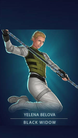 Yelena Belova 以超級英雄姿勢手持長棍，背景為藍色。