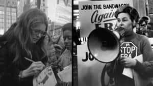 1970年代女權抗議中的兩名女子，一名在素描，另一名透過擴音器大喊。 — 寬螢幕 壁紙