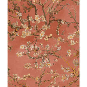 梵高畫作，杏仁花枝條，白色花朵，赤陶背景。