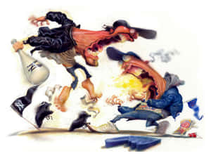 兩個誇張的卡通戰士在混亂的鬥毆中尖叫並投擲運動裝備。