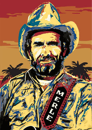 音樂家 Merle Haggard 戴牛仔帽同結他帶，背景係日落棕櫚樹嘅肖像。