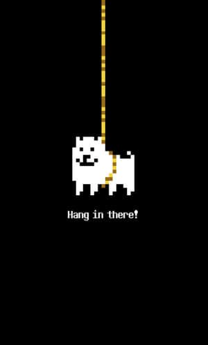 像素化白色狗掛在金色繩子上，文字 'Hang in there!' 在黑色背景上。