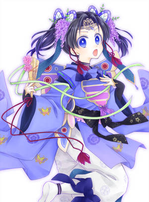 動漫女孩穿著藍色和服，帶有蝴蝶圖案和紫色頭髮飾品，手持扇子。