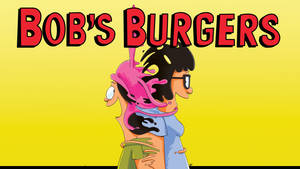 兩個動畫角色擁抱，帶有粉紅色醬汁飛濺，下方是 Bob's Burgers 標題。 — 卡通 壁紙