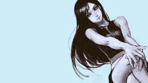 長著深色長髮的動漫女孩以素描風格坐在藍色背景前