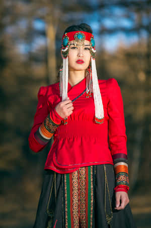一位穿著傳統民族服飾的女性在日落時分站在森林中。 — 亞洲 壁紙