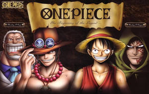 來自One Piece的四個動畫海盜在橫幅前猙獰地咧嘴笑。