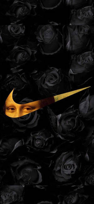金色Nike標誌同蒙娜麗莎嘅面喺黑色玫瑰上面。 — iPhone 14 Pro 壁紙