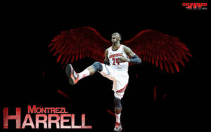 籃球運動員 Montrezl Harrell 穿著白色球衣，帶著紅色翅膀慶祝。 — 1920x1200 壁紙
