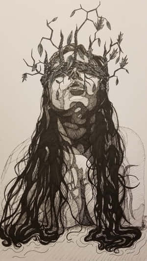 一個長髮且頭部和臉上長出藤蔓的人物，以黑白插圖呈現。 — 黑白藝術 壁紙