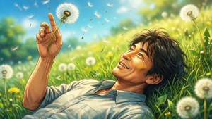 男人躺在草地上，在陽光明媚的日子裡吹蒲公英種子。