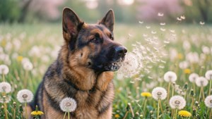 德國牧羊犬在陽光明媚的草地上吹散蒲公英種子。 — 德國牧羊犬 壁紙