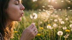 一位女士在陽光明媚的草地上將蒲公英種子吹向空中。
