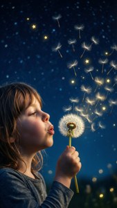 孩子在黑暗的天空中吹出像星星一樣發光的蒲公英種子。 — 夢境 GIF 壁紙