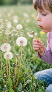 小孩在草地上吹蒲公英種子 — 童趣風 壁紙