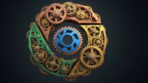 深色背景上帶有青銅、綠色和藍色組件的圓形機械齒輪組件