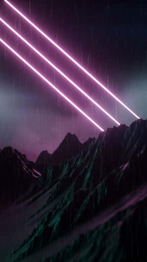 霓虹光束劃過雨幕，籠罩在紫色天空下的黑暗山脈之上。