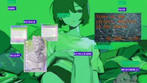 動漫女孩與漂浮的文字框，在綠色數位藝術中展示絕望和虛無主義。