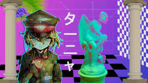 穿著軍裝的動漫女孩，在超現實的紫色房間裡，旁邊有一個發光的雕像。